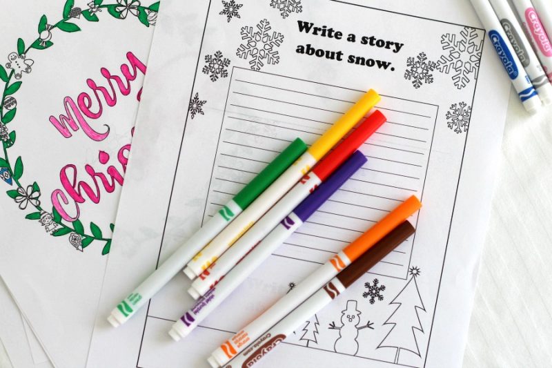 Fun and FREE Christmas Printable Activity Bundle for Kids includes 10 pages of coloring pages, maze, word search, Elf name game and writing prompts. Perfect for a quiet time from the stress and business of the holidays. 