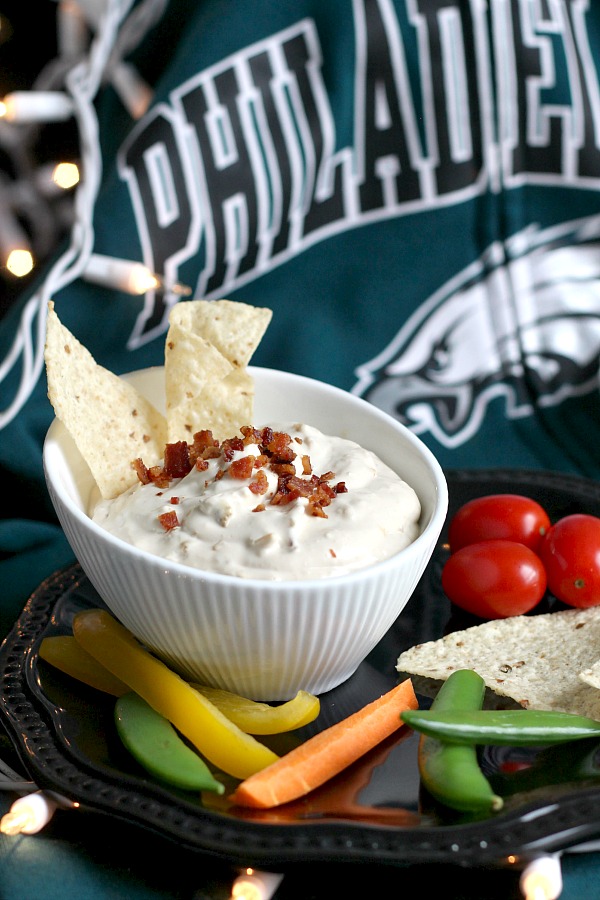 This retro, crowd-pleasing zesty dip never goes out of style. Onion Soup Horseradish and Bacon Dip is thick, creamy and stands up to fresh veggies, crackers and hearty chips. Serving for Super Bowl Sunday and cheering on the Philadelphia Eagles. Fly, Eagles, Fly!