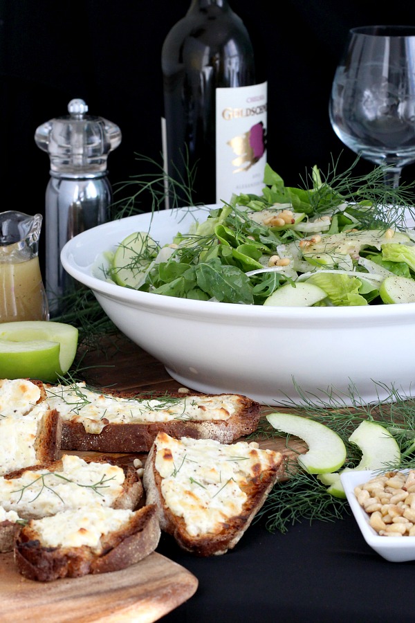 Easy recipe for Arugula, Apple and Fennel Salad with Citrus Vinaigrette and Three-Cheese Crostini from Valerie Bertinelli's cook book. One of many great recipes from this adorable actress and cook.