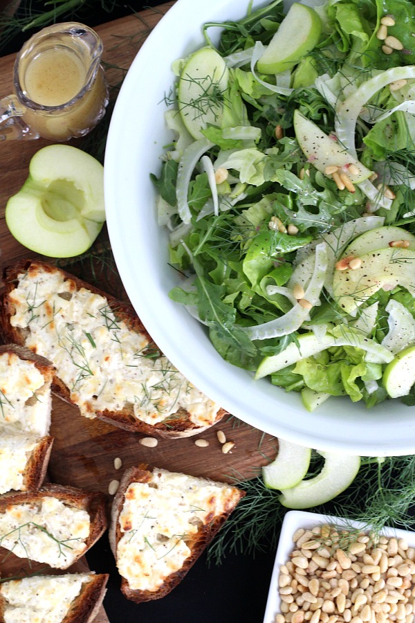 Easy recipe for Arugula, Apple and Fennel Salad with Citrus Vinaigrette and Three-Cheese Crostini from Valerie Bertinelli's cook book. One of many great recipes from this adorable actress and cook.