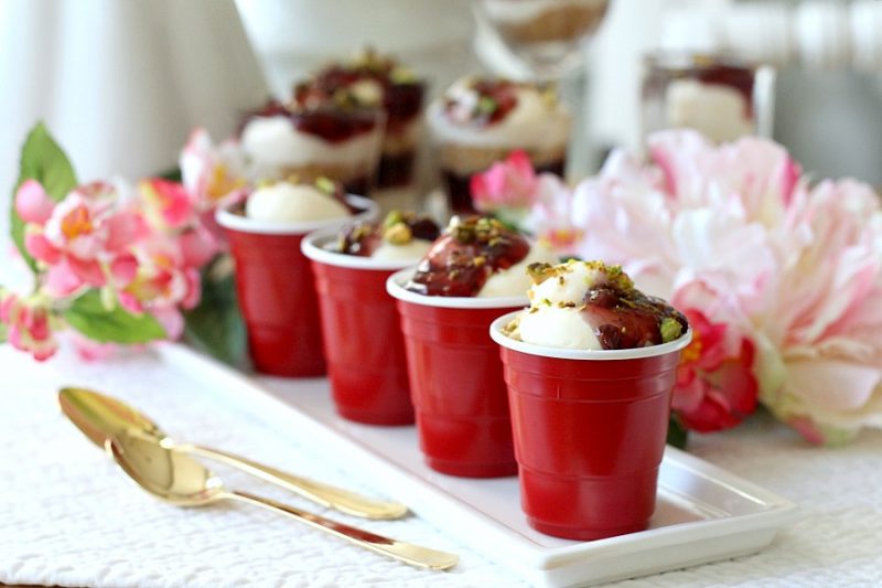 Easy No-Bake Raspberry and Pistachio Cheesecake Parfaits are so pretty and taste delicious. Make tiny, shot-size or fill you fanciest glasses. Change the fruit pie filling or use fresh fruit. It is up to you and it is all good!