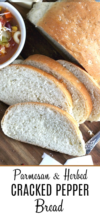 Parmesan, Cracked Pepper and Herbed Bread is full of flavor, slices beautifully and great for sandwiches or buttered and served with soup or salad. Easy recipe dough is made in a bread maker and shaped as desired. Allow to rise, bake and enjoy!