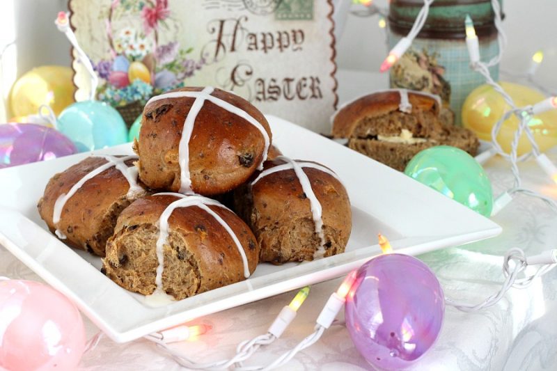 Hot Cross Buns are an Easter tradition and a lovely, sweet breakfast treat with the warm flavor of cinnamon. Dough is made easily in a bread machine then shaped and baked in a dish. Frosting is piped on top in the shape of the cross. Perfect addition for brunch with hard-boiled, colored eggs.