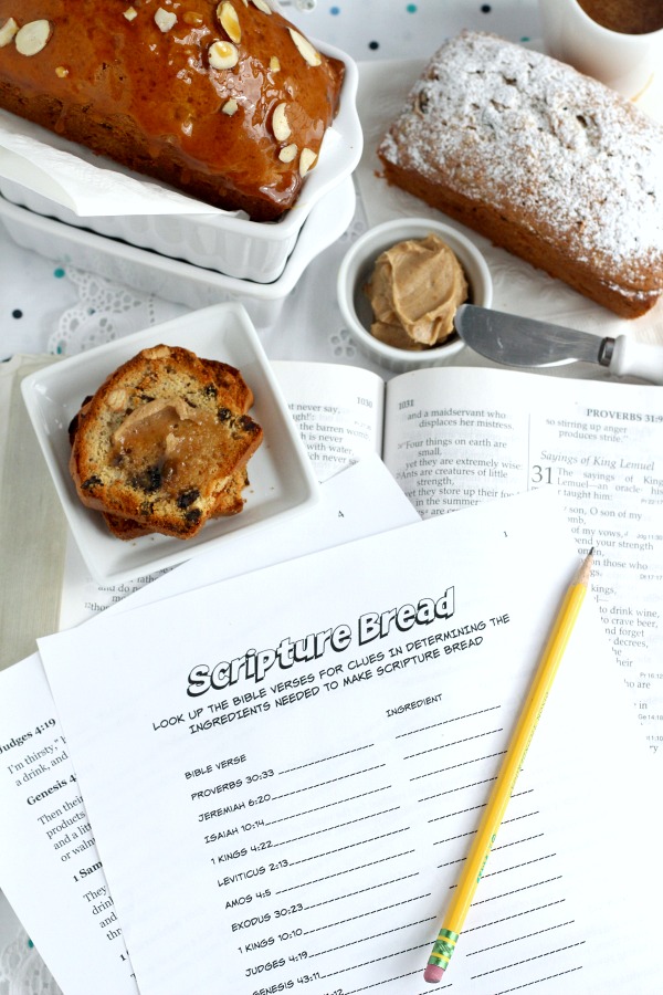 Full of dried fruit and topped with a burnt sugar syrup, Scripture Bread is delicious sliced and toasted for breakfast or snack. Try deciphering the recipe ingredients using clues from Bible verses. This FREE printable is a great way to encourage kids to search Scripture.