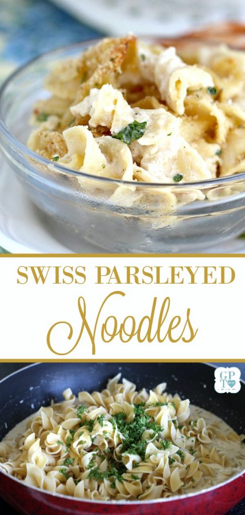 Try something different as a side for a chicken, pork or beef entree. Swiss Parsleyed Noodles is an easy side dish made extra special and flavorful with Swiss and Parmesan cheese and topped with crunchy buttered breadcrumbs.