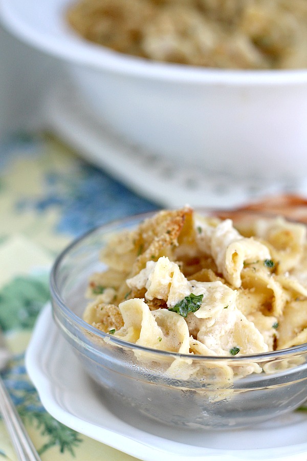 Try something different as a side for a chicken, pork or beef entree. Swiss Parsleyed Noodles is an easy side dish made extra special and flavorful with Swiss and Parmesan cheese and topped with crunchy buttered breadcrumbs.