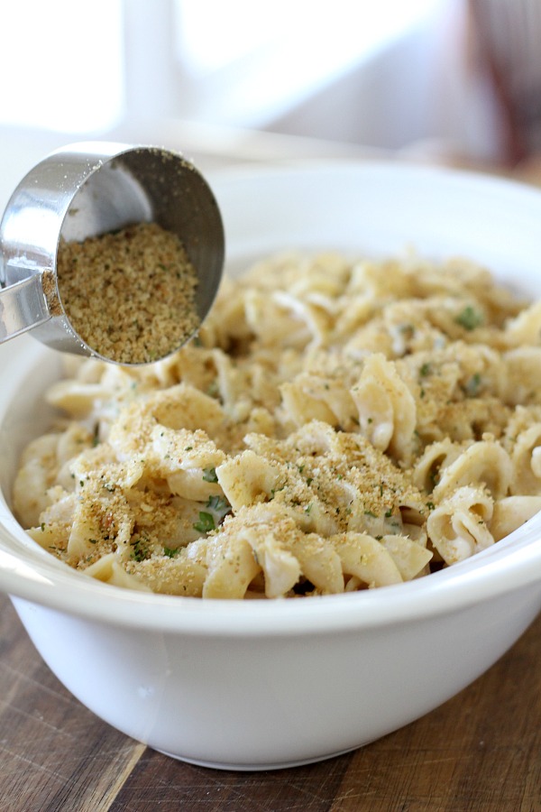 Try something different as a side for a chicken, pork or beef entree. Swiss Parsleyed Noodles is an easy side dish made extra special and flavorful with Swiss and Parmesan cheese and topped with crunchy buttered breadcrumbs.