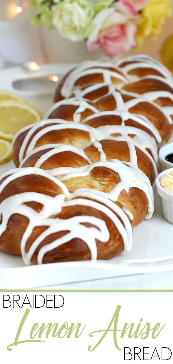 Easy recipe for a pretty loaf of braided and glazed Lemon Anise Bread. Make the dough using a bread machine or traditionally. After rising, shape, rise again and bake. Cool then drizzle on a light lemony glaze. Lovely with tea, Mother's Day or for any special occasion.