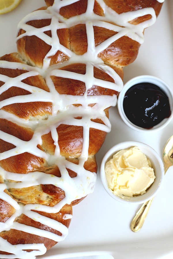 This easy recipe for a pretty loaf of braided and glazed Lemon Anise Bread is soft and full of flavor. Make the dough using a bread machine or traditionally. After rising, shape, rise again and bake. Cool, then drizzle on a light lemony glaze. Lovely with tea, Mother's Day or for any special occasion.