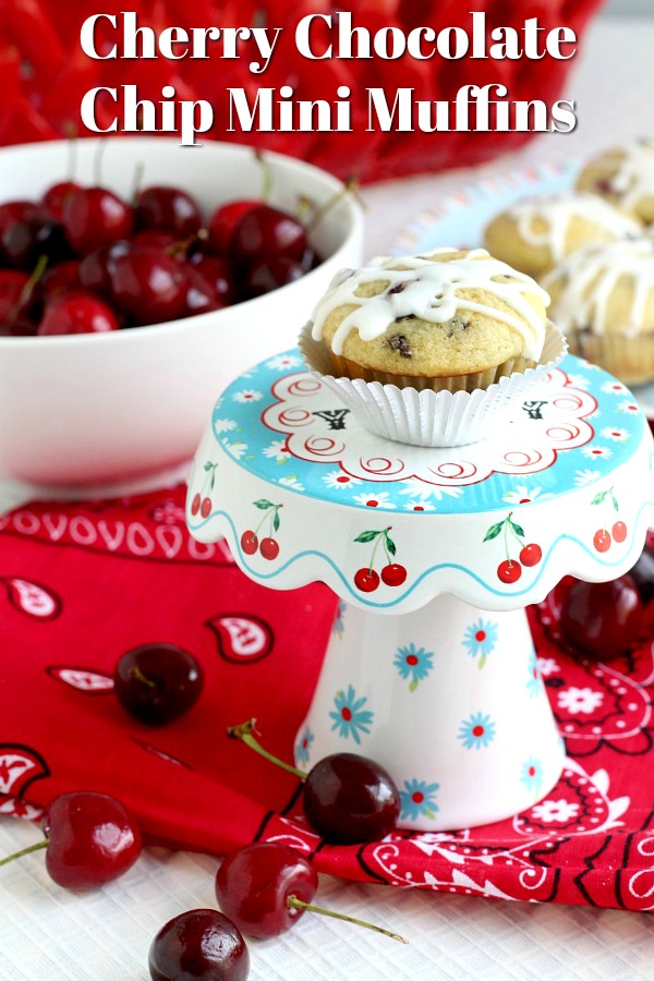 Both cherries and chocolate chips are folded into the batter of these delicious glazed Cherry Chocolate Chip Muffins. Perfect breakfast or snacking treat.