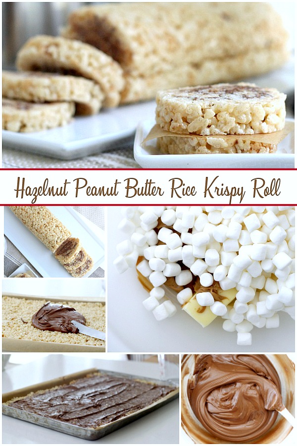 Easy recipe for hazelnut Chocolate & Peanut Butter Rice Krispies Roll, fun treats for adults and kids.