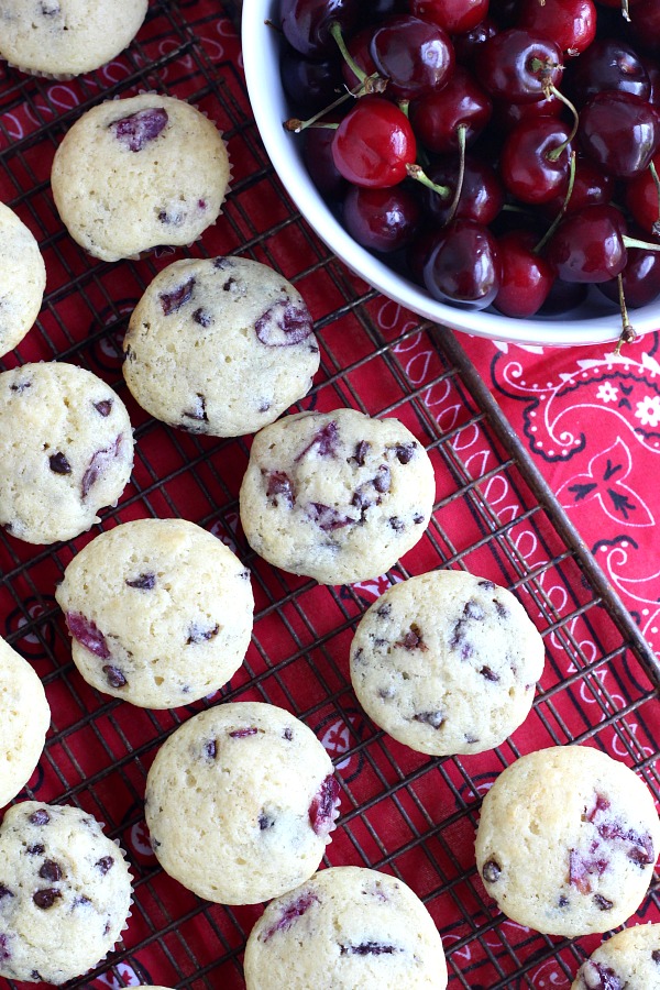 Both cherries and chocolate chips are folded into the batter of these delicious glazed Cherry Chocolate Chip Muffins. Perfect breakfast or snacking treat.