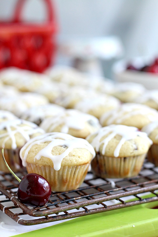 Both cherries and chocolate chips are folded into the batter of these delicious glazed Cherry Chocolate Chip Muffins. Perfect breakfast or snacking treat.