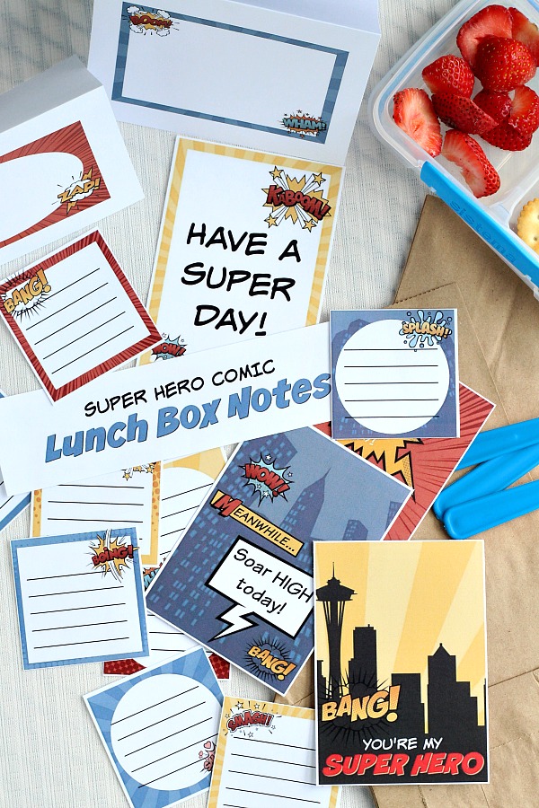 While thinking of school supplies, new clothes and shoes, take a moment to download and print these FREE comic hero lunch box notes and cards for your super child. Let them know you are thinking of them while sending words of encouragement. 