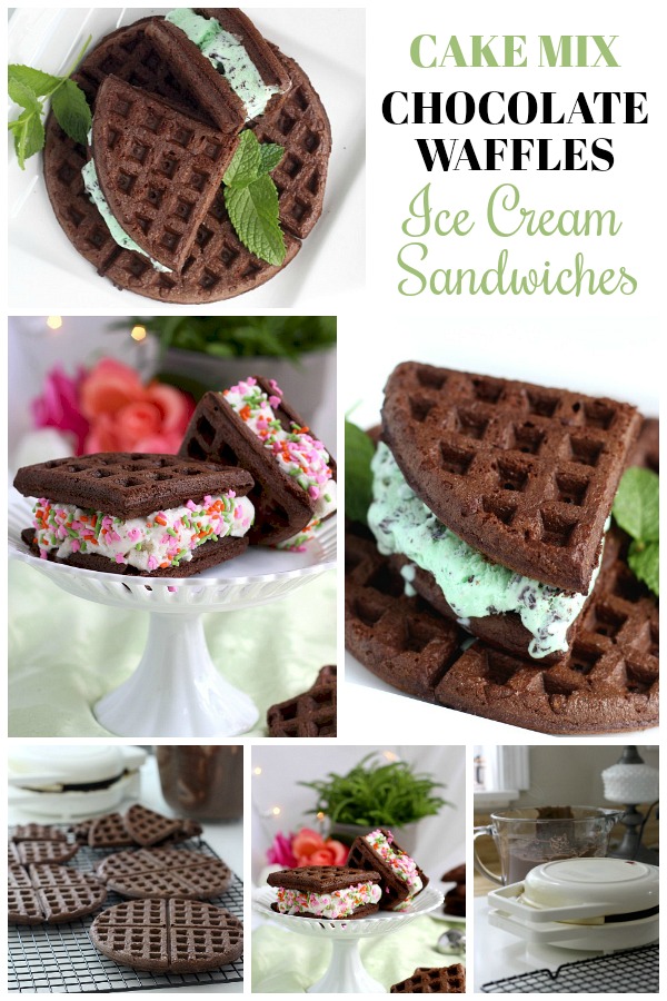 Cake Mix Chocolate Waffles filled with ice cream and dipped in sprinkles are an easy to make dessert and a fun change from birthday cupcakes.