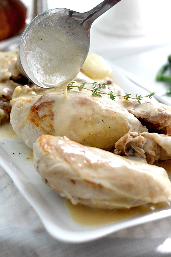 Poulet a la Creme or chicken in cream sauce looks & sounds complicated. It's really an easy and delicious French dish special enough for entertaining yet simple for weeknight dinner.