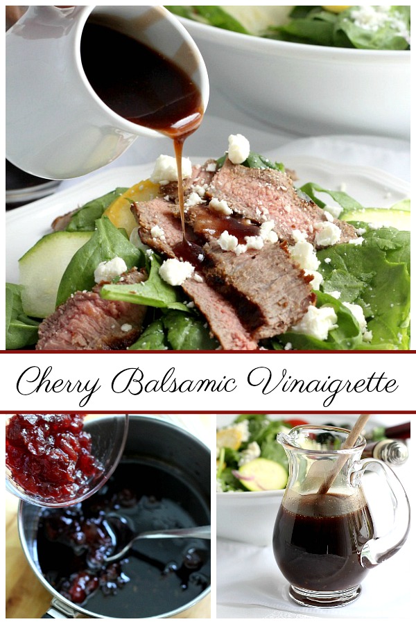 Easy recipe for a delicious cherry balsamic vinaigrette made with cherry preserves. Full of flavor and perfect on a bed of mixed greens or spinach.  Add your favorite salad add-ins. Serve as is or top with grilled steak, chicken or shrimp.