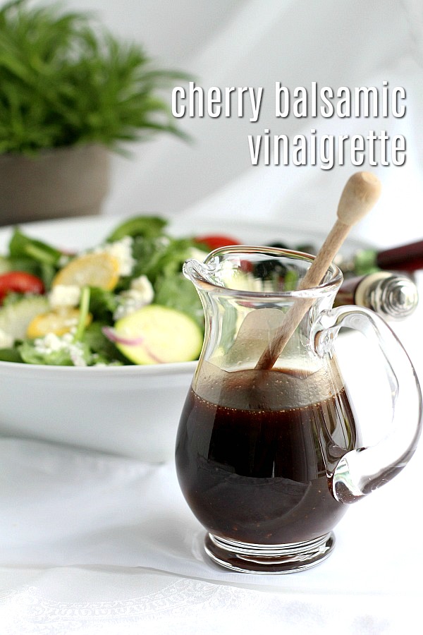 Easy recipe for a delicious cherry balsamic vinaigrette made with cherry preserves. Full of flavor and perfect on a bed of mixed greens or spinach.  Add your favorite salad add-ins. Serve as is or top with grilled steak, chicken or shrimp.