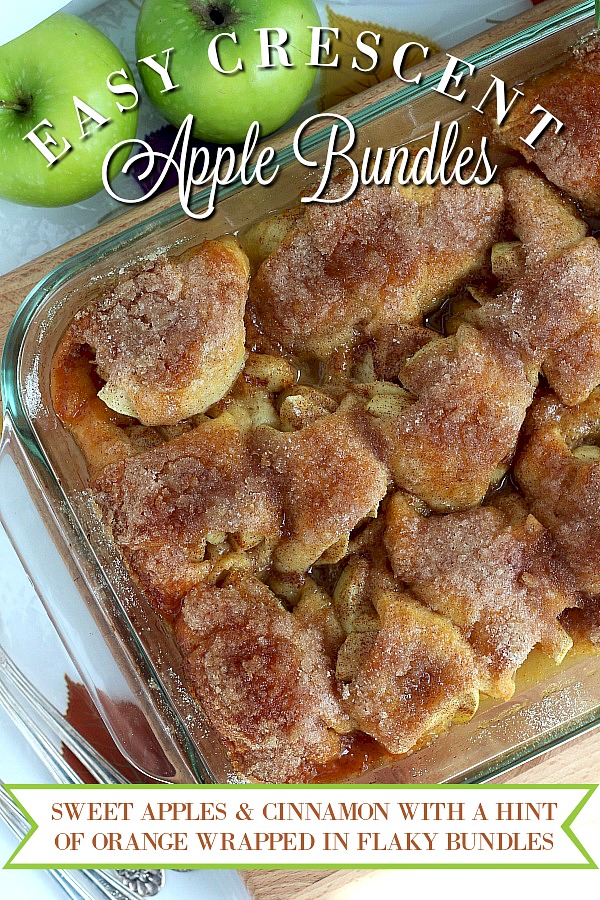 Super easy recipe for autumns favorite fruit, Apple Bundles are made with crescent rolls, cinnamon with a hint of orange. They smell heavenly and are perfect warm from the oven with a scoop of ice cream.