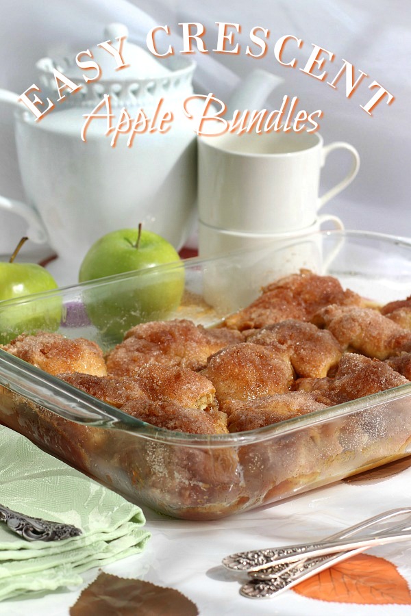 Super easy recipe for autumns favorite fruit, Apple Bundles are made with crescent rolls, cinnamon with a hint of orange. They smell heavenly and are perfect warm from the oven with a scoop of ice cream.