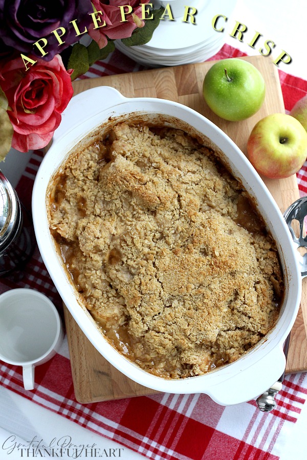 Old-fashioned Apple Pear Crisp with a crumbly oatmeal topping is going to be your favorite autumn dessert. Perfect blend of apple, pear, citrus, cinnamon & nutmeg.Â It is an easy, uncomplicated recipe and great when you need a treat to share.