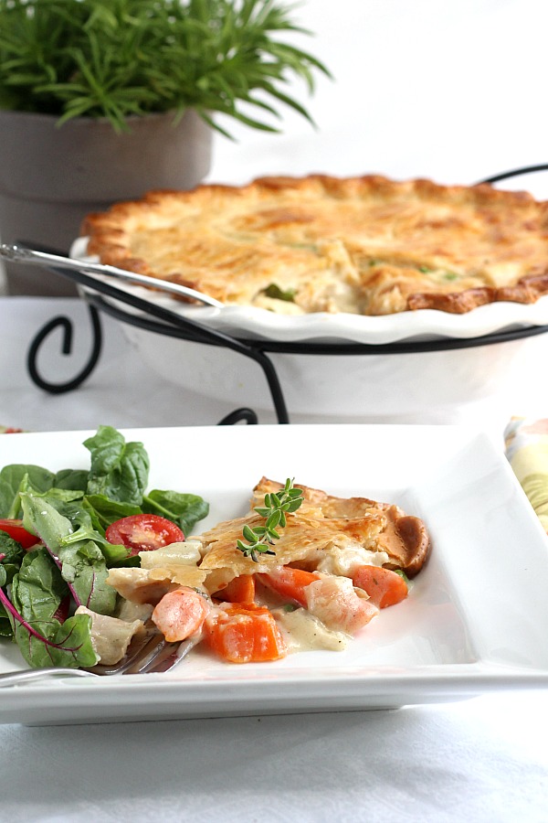 Chicken Pot pie is an all-time favorite comfort food and for good reason. Chunks of tender chicken, carrots and peas in a creamy gravy with a flaky, golden pie crust. A great meal for Sunday dinner or a family weeknight meal. Make it easy and cut prep time by using rotisserie chicken and frozen vegetables.