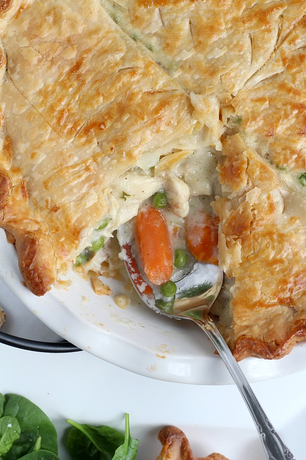 Chicken Pot pie is an all-time favorite comfort food and for good reason. Chunks of tender chicken, carrots and peas in a creamy gravy with a flaky, golden pie crust. A great meal for Sunday dinner or a family weeknight meal. Make it easy and cut prep time by using rotisserie chicken and frozen vegetables.