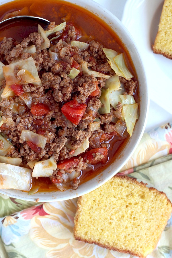 Do you like stuffed cabbage rolls but not the work and mess? Unstuffed Cabbage Soup is super easy and has all of the tastes you love. It is delicious! Serve a piping hot bowlful with cornbread if you would like.