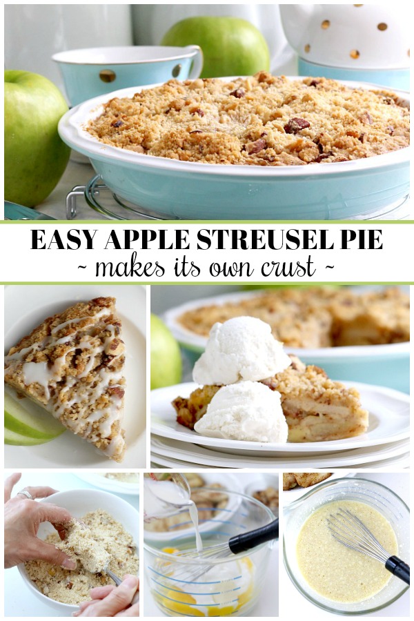 Lots of yummy apples fill this easy pie that makes its own crust. Topped with a sweet and crumbly streusel for a perfect dessert anytime.