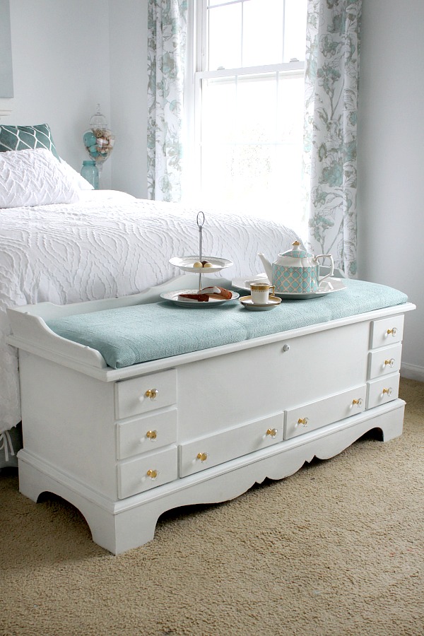 Refinished DIY vintage Lane cedar hope chest using chalk paint and sealing wax brought new life to a dark and dated piece of furniture. An easy makeover that looks beautiful in my Shabby chic, French Country room.