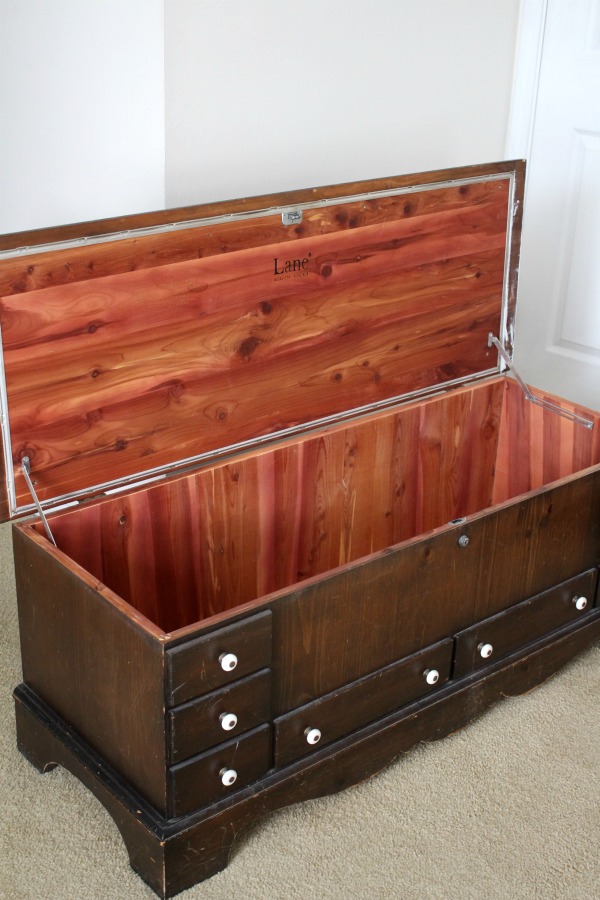 Refinished DIY vintage Lane cedar hope chest using chalk paint and sealing wax brought new life to a dark and dated piece of furniture. An easy makeover that looks beautiful in my Shabby chic, French Country room.