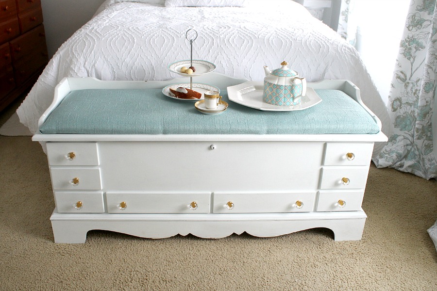 Refinished DIY vintage Lane cedar hope chest using chalk paint and sealing wax brought new life to a dark and dated piece of furniture. An easy makeover that looks beautiful in my Shabby chic, French Country room.