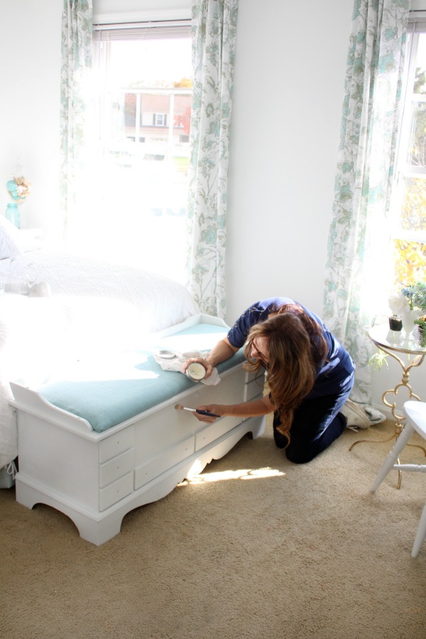 Refinished DIY vintage Lane cedar hope chest using chalk paint and sealing wax brought new life to a dark and dated piece of furniture. An easy makeover that looks beautiful in my Shabby chic, French Country room.