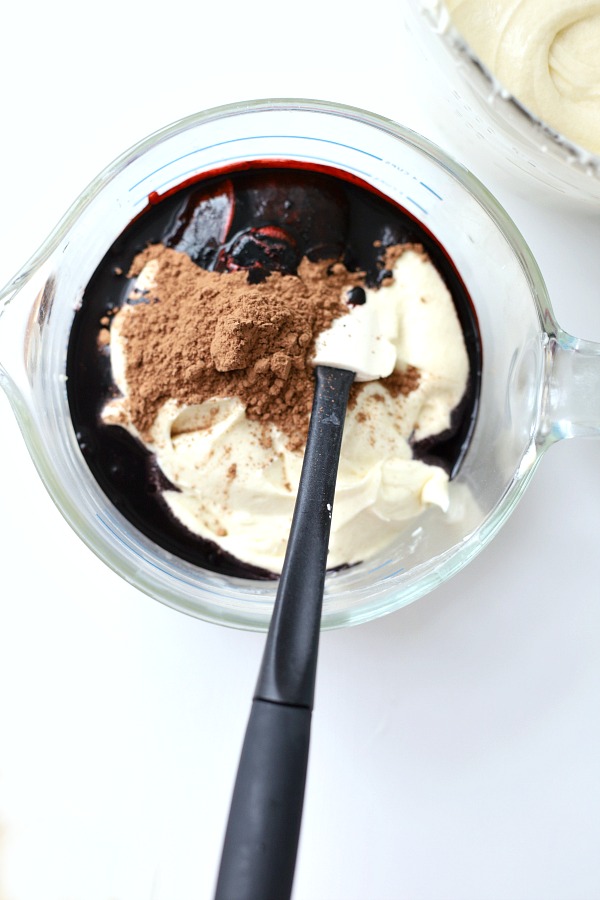 From scratch recipe for a moist red velvet marbled cake made in a Bundt pan has a lovely icing just right for Valentine's Day or celebrating a birthday.