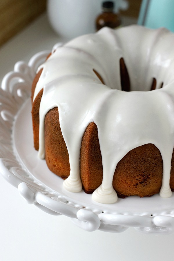 From scratch recipe for a moist red velvet marbled cake made in a Bundt pan has a lovely icing just right for Valentine's Day or celebrating a birthday.