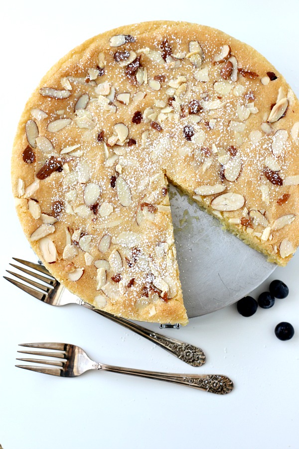 Swedish Visiting Cake with almonds is a delicious small-sized cake ready in no time. Whisked together in one bowl and baked until golden, it is a great recipe to keep near when you need a quick dessert.