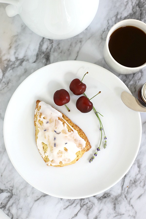 Perfect for a tea party or as a breakfast treat, sweet lavender scones have a light hint of lavender from lavender buds. Frosted with a glaze, they are just right with coffee or tea.