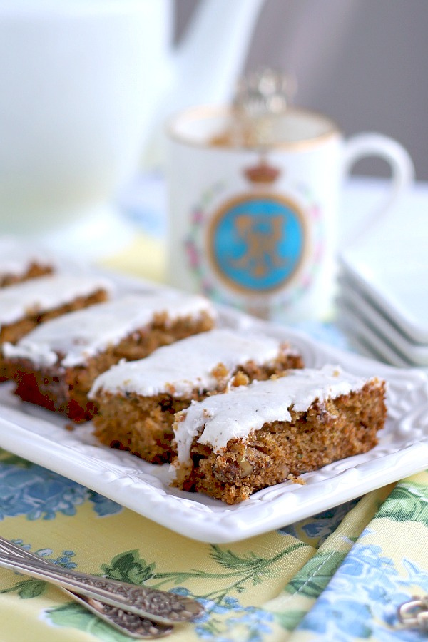 Moist and delicious Zucchini Bars with Spice Frosting pack a lot of flavor in each piece. The frosting has a hint of cloves that perfectly complements and makes them irresistible.