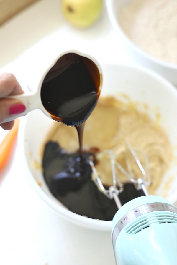 Easy step-by-step recipe for spiced pear upside down cake. Caramelized pears top a moist cake with wonderful spices so perfect for fall and Thanksgiving dessert.