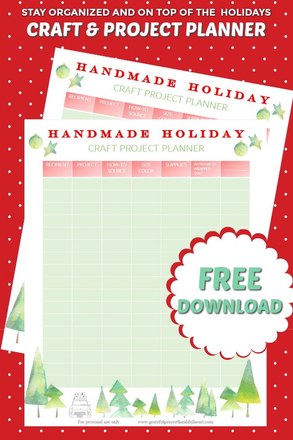 Stay organized and on top of the busy Christmas and Hanukkah season with a helpful Handmade Holiday Craft and Project Planner. Free download printable to keep tack of knitting, crochet and craft and gift projects.