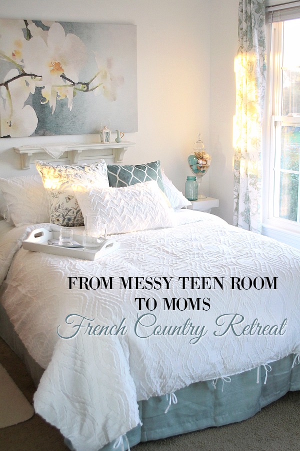 DIY Bedroom makeover from messy teen room to Mom's French Country retreat. A bright, beautiful place for reading, resting and relaxing all done on a budget. 