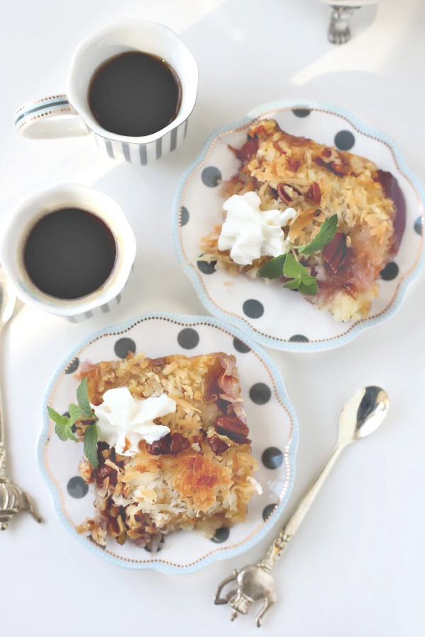 Easy recipe for cherry pineapple cabana cake with toasted coconut and nuts. A perfect dump cake dessert for any occasion.