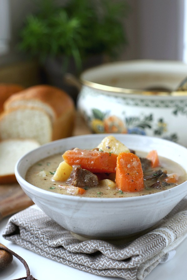 Easy recipe for comforting Stroganoff Stew is filled with chunks of beef, potatoes, carrots and mushrooms in a rich sour cream gravy.