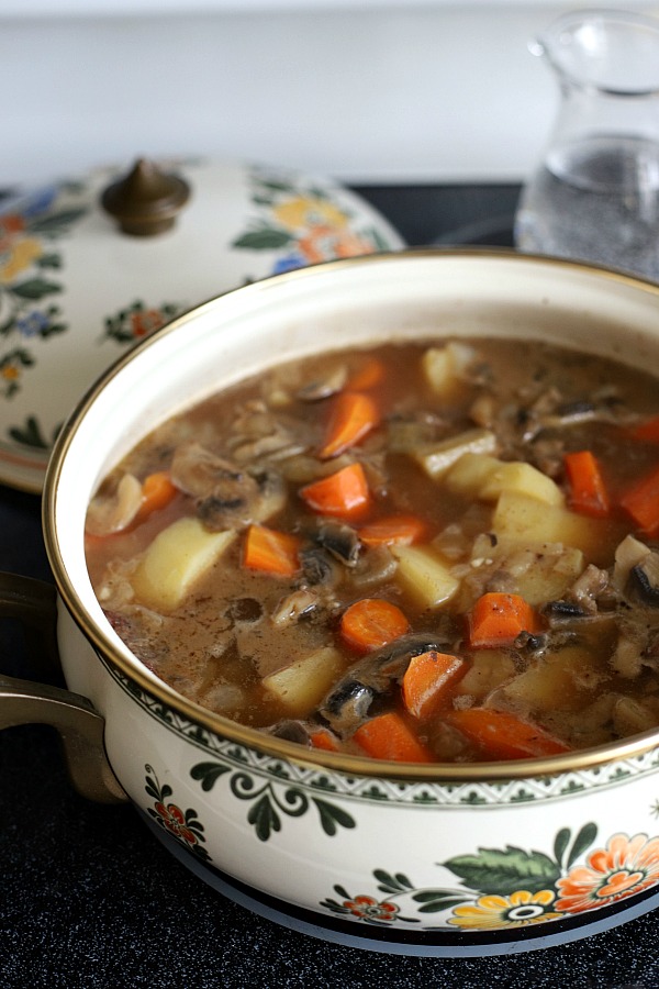 Easy recipe for comforting Stroganoff Stew is filled with chunks of beef, potatoes, carrots and mushrooms in a rich sour cream gravy.