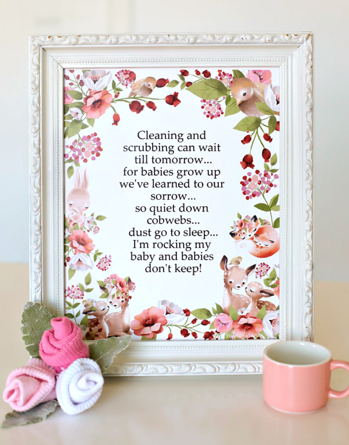 Woodland forest baby animals and mothers snuggled together in soft hues of flora and fauna is the theme around a sweet poem titled, Babies Don't Keep poem. A lovely baby shower gift to print, frame or use to decorate a nursery.