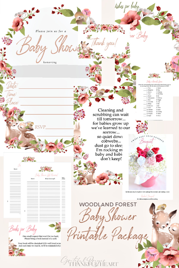 Woodland theme baby shower ideas for hosting an easy yet lovely celebration. Print invitations, thank-you cards with food ideas, games, décor for girls.