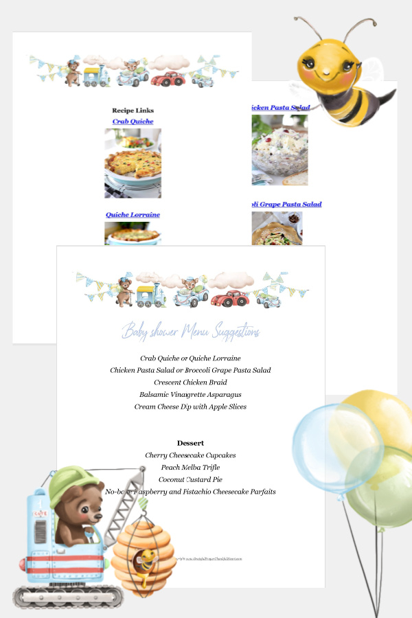 Traditional or virtual baby shower planner with invitations, games, decorations, food menu and recipes. Lists, guides for an easy & beautiful event!