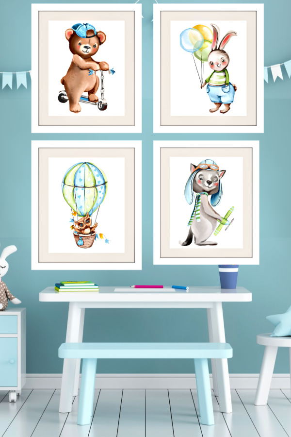 Set of 4 modern wall art prints of soft, cuddly forest animals to decorate a baby boy nursery or give as a baby shower gift.