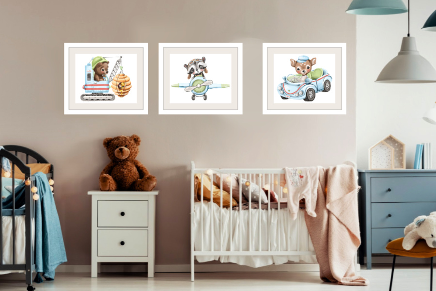 Set of 3 modern wall art prints of soft, cuddly forest animals to decorate a baby boy nursery or give as a baby shower, Christening, newborn or birthday gift.