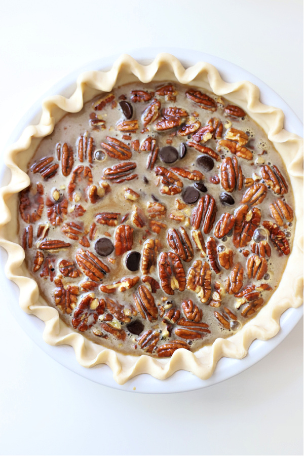 Chocolate pecan pie ready for the oven